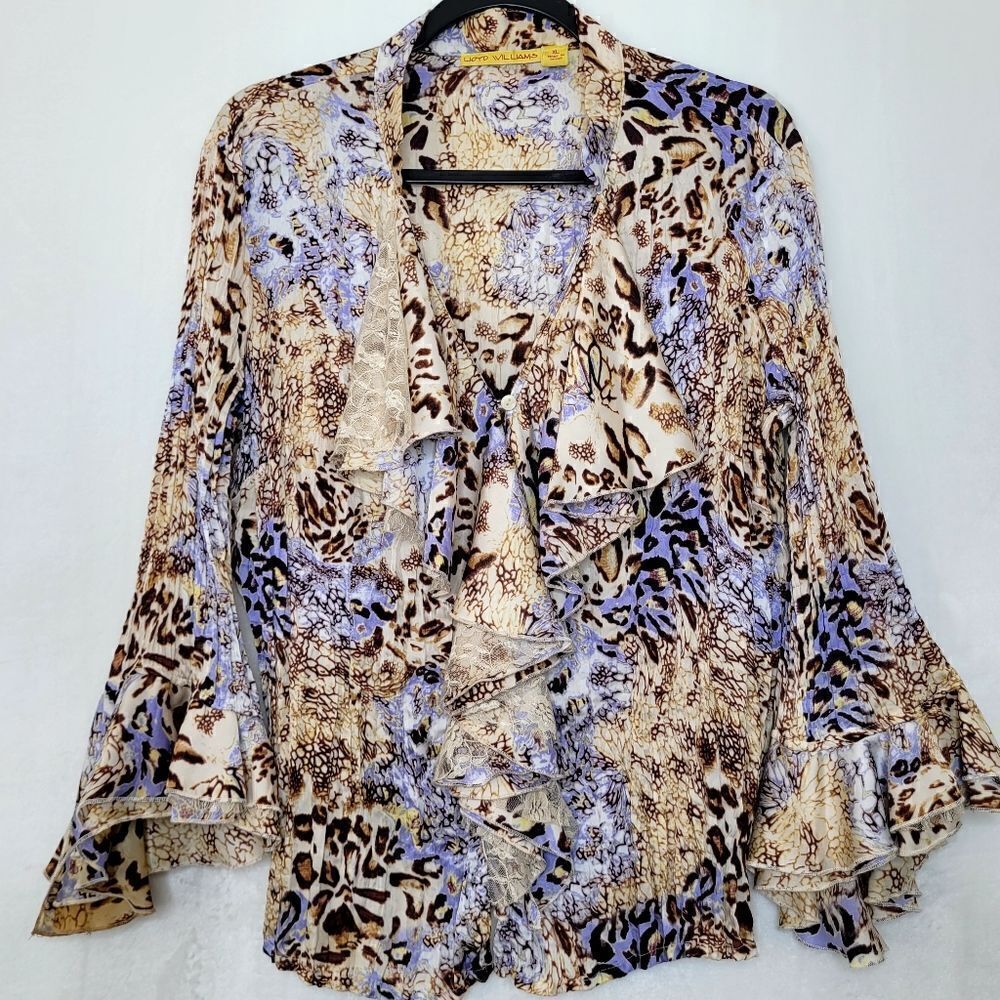 Vtg Lloyd Williams Leopard Layered‎ Lace Ruffle Bell Sleeve Button Down Size XL